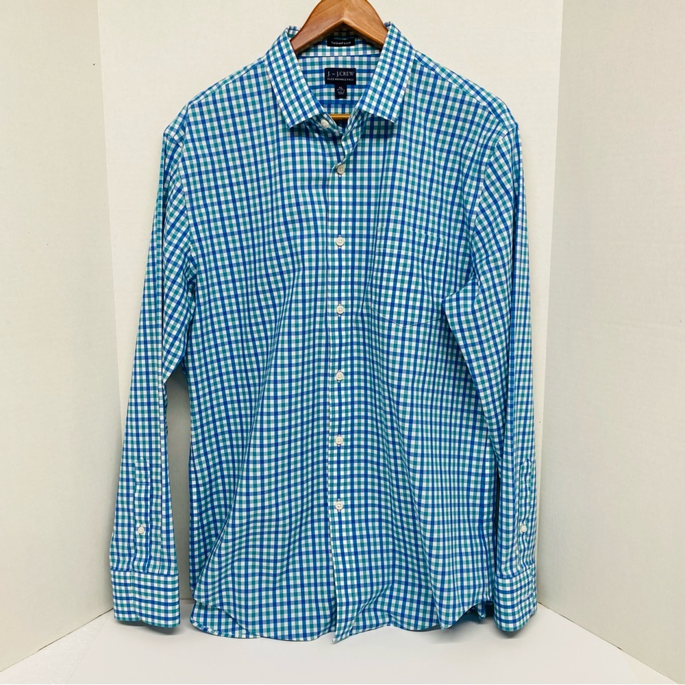 J. by J. Crew Thompson Flex Wrinkle Free Blue Teal White Check Size XL 17-17 1/2